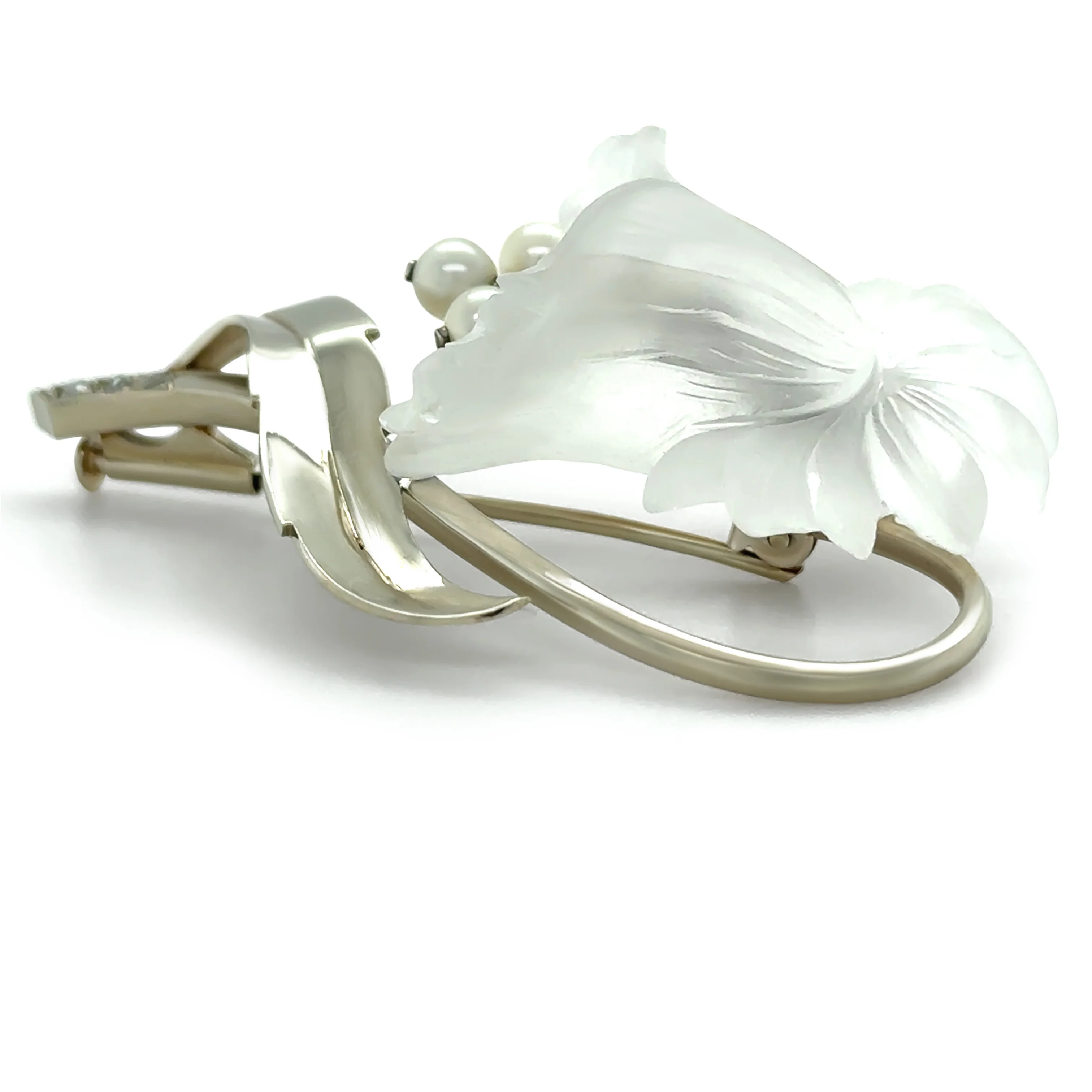 14ct White Gold Austrian Rock Crystal Cultured Pearl and Diamond Floral Brooch 11.93g - Image 2