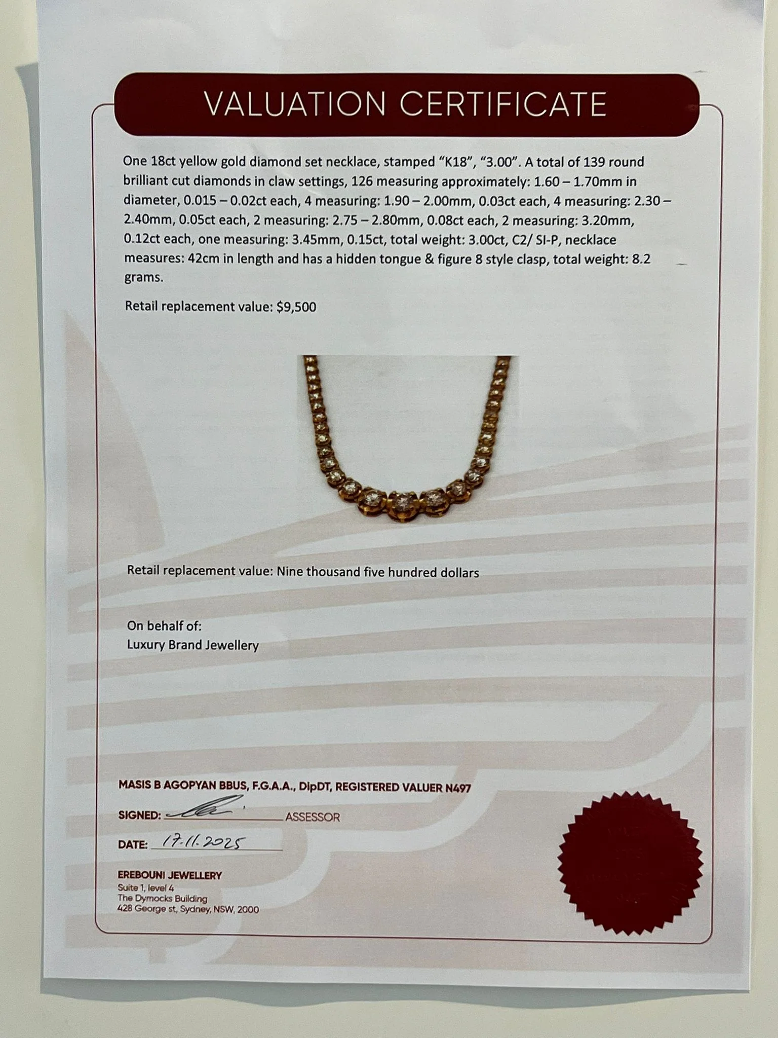 18ct Yellow Gold Diamond Tennis Necklace 3.00ct 8.3g - Image 11