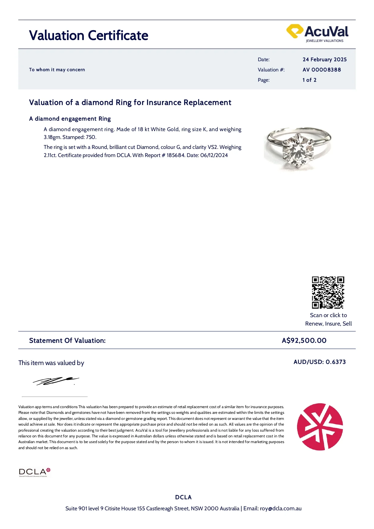 DCLA 18ct White Gold Diamond Engagement Ring 2.11ct 3.18g - Image 11