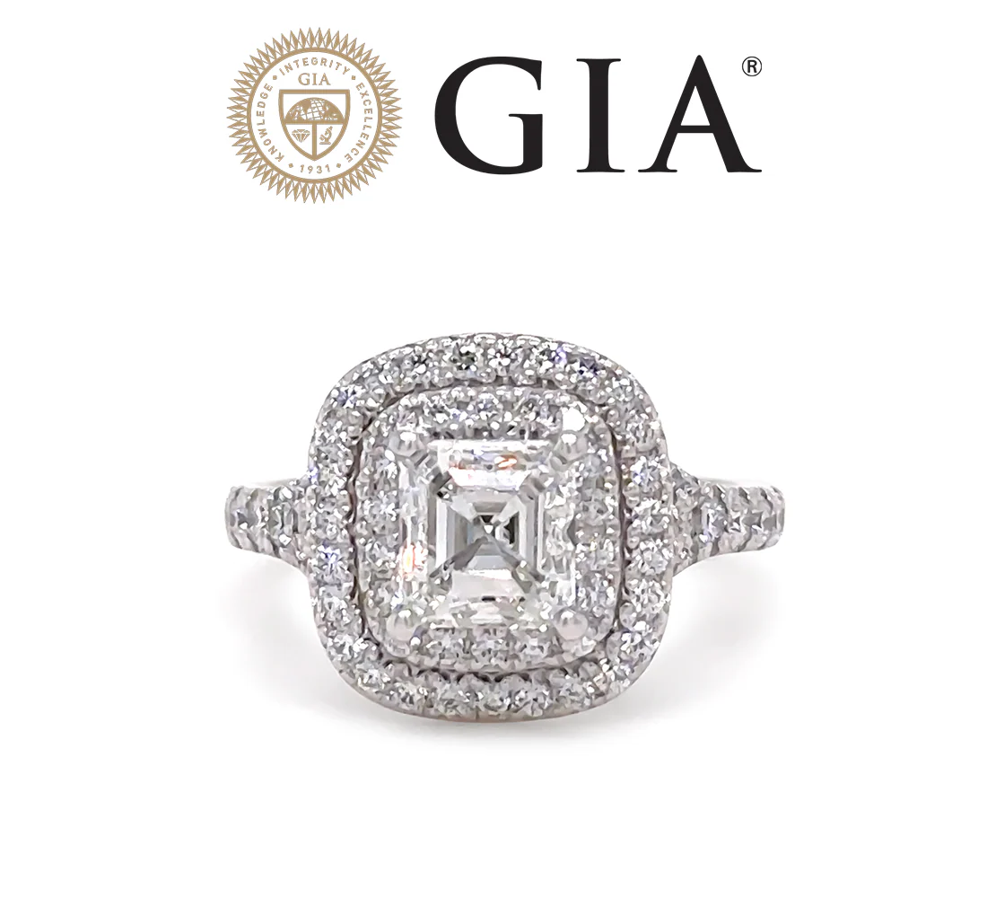 GIA 18ct White Gold Emerald Cut Diamond Halo Ring 2.15ct 5.20g