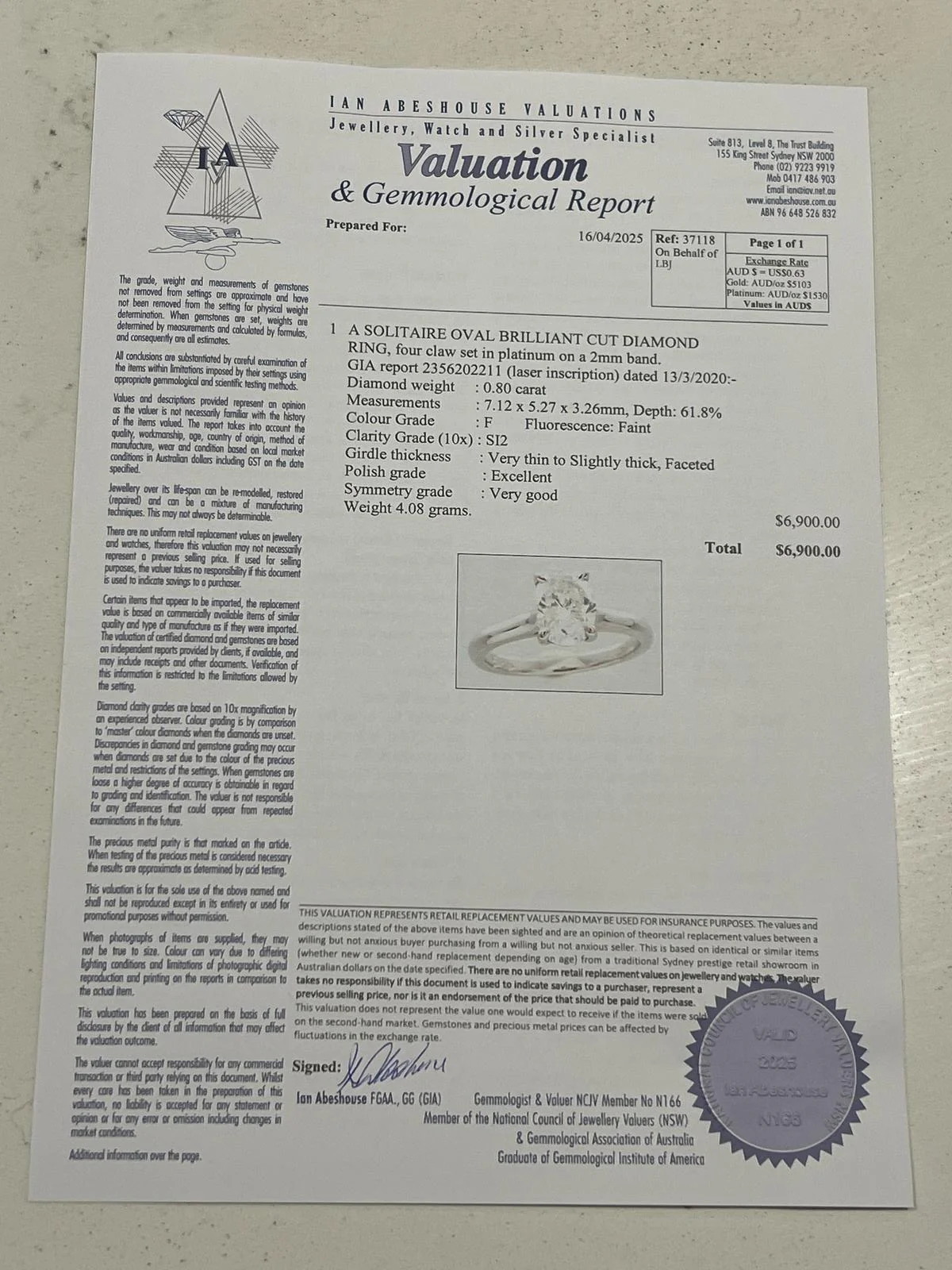 GIA Platinum Oval Brilliant Cut Diamond Solitaire Ring 0.80ct 4.08g - Image 6