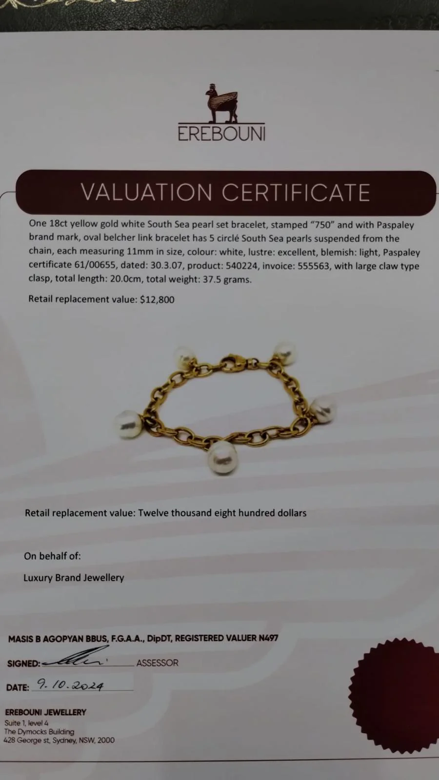 Paspaley 18ct Yellow Gold White South Sea Pearl Bracelet 37.5g - Image 8