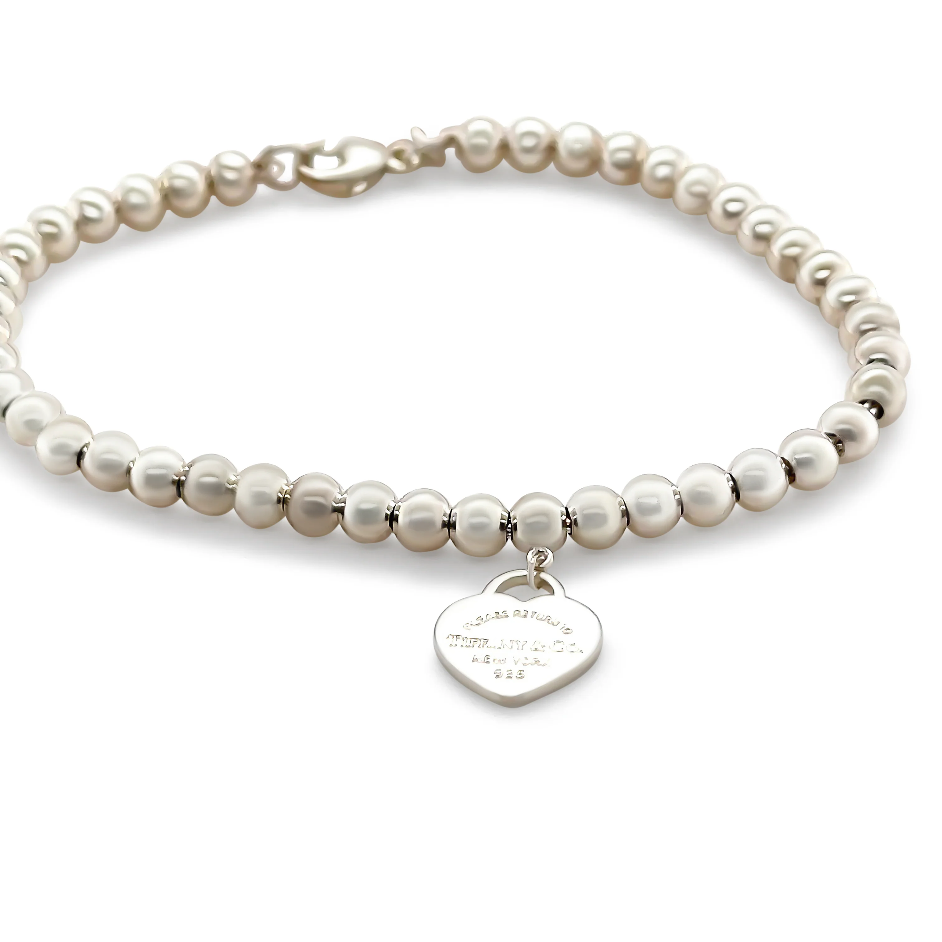Tiffany and Co Sterling Silver Blue Heart Tag Bead Bracelet - Image 2