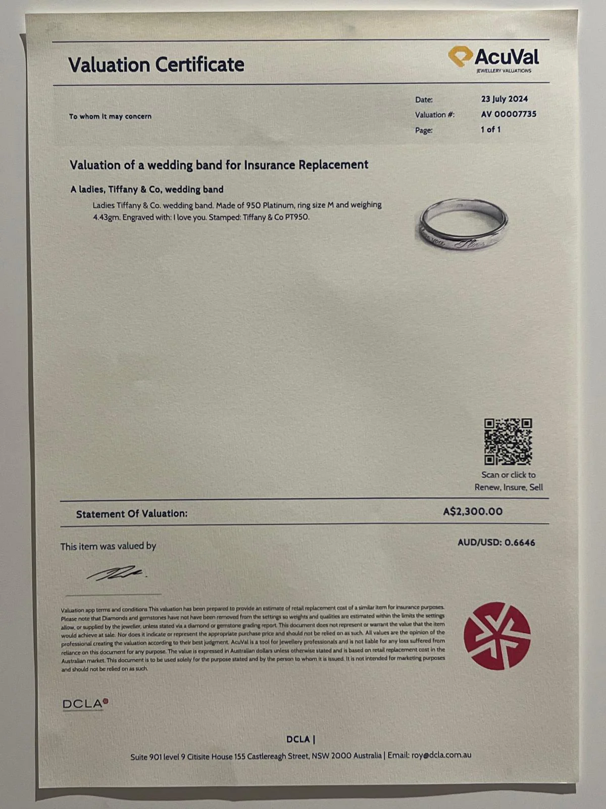 Tiffany & Co Platinum Wedding Band (I Love You) 4.43g - Image 6