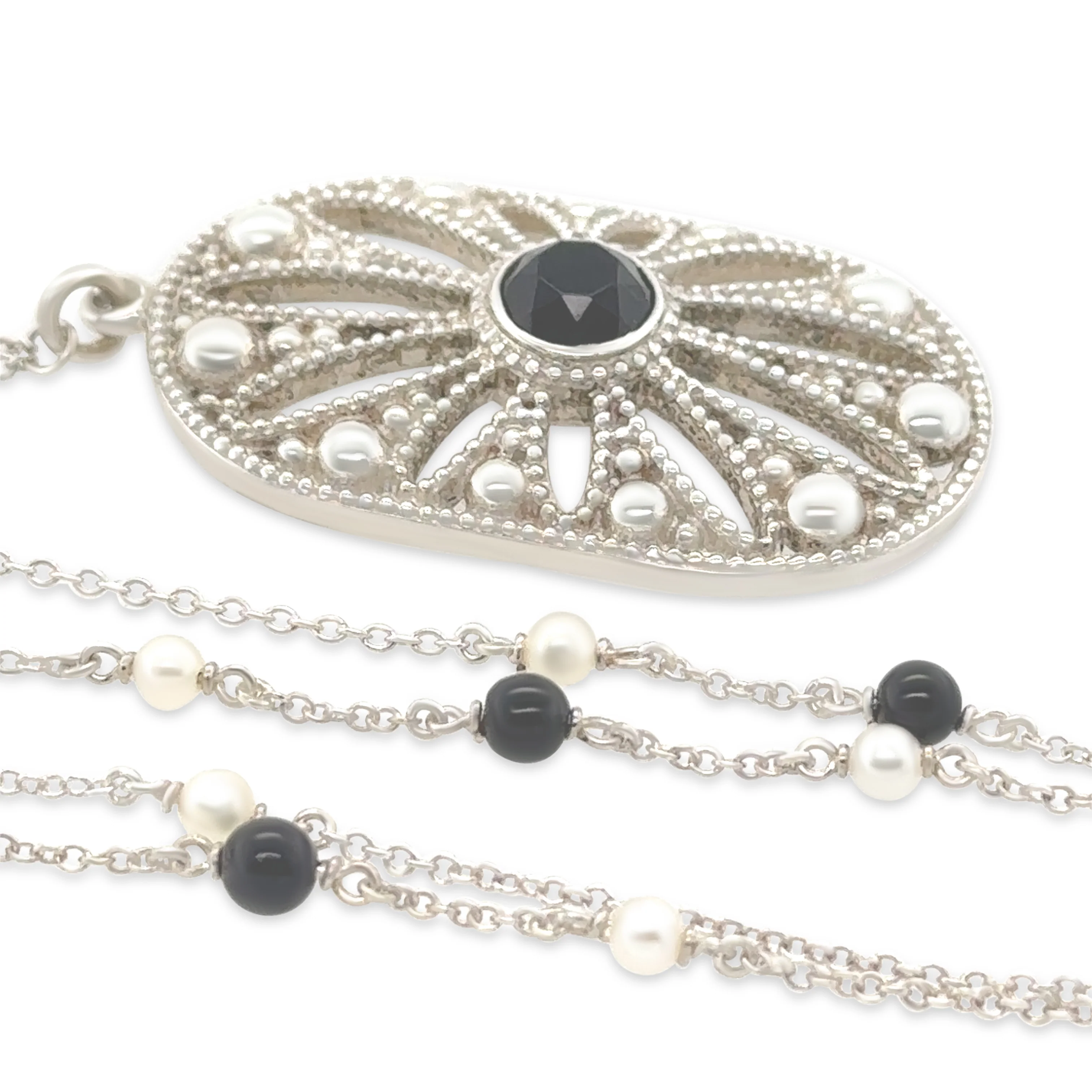 Tiffany & Co. Sterling Silver Pearl and Black Onyx Necklace and Earrings Set 12.92g - Image 3