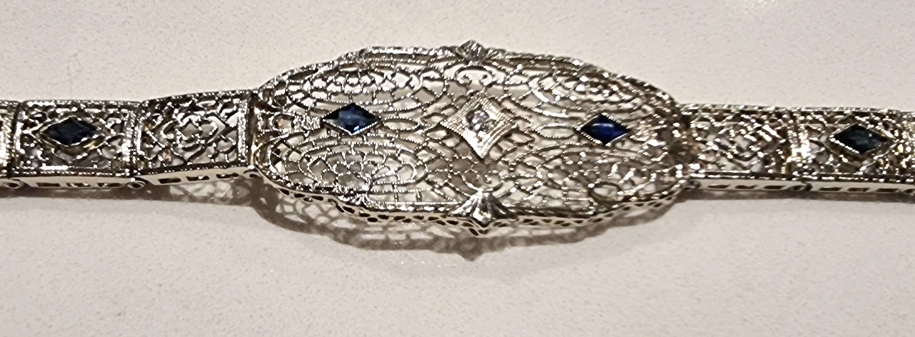 Edwardian Style White Gold Sapphire and Diamond Filigre Bracelet - Image 3